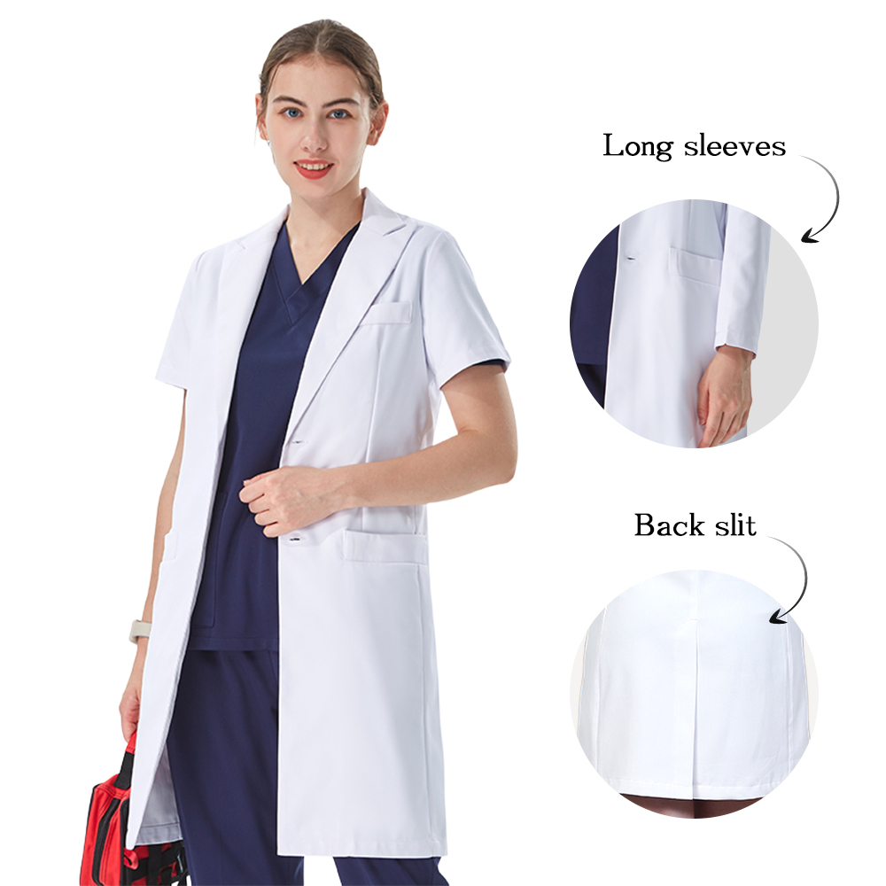Medical Lab Coats - 丁寧なラペルカラーの白い白衣 医師用 コットンポリエステル 病院医療ユニフォーム 女性用 スリムフィット