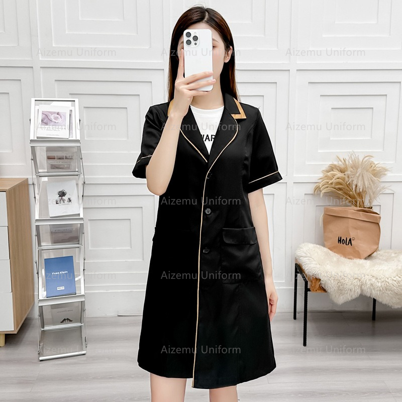 黒美容制服美容師ローブ女性サロン白衣ナース制服医療スクラブピ - Medical Lab Coats のレビューと価格