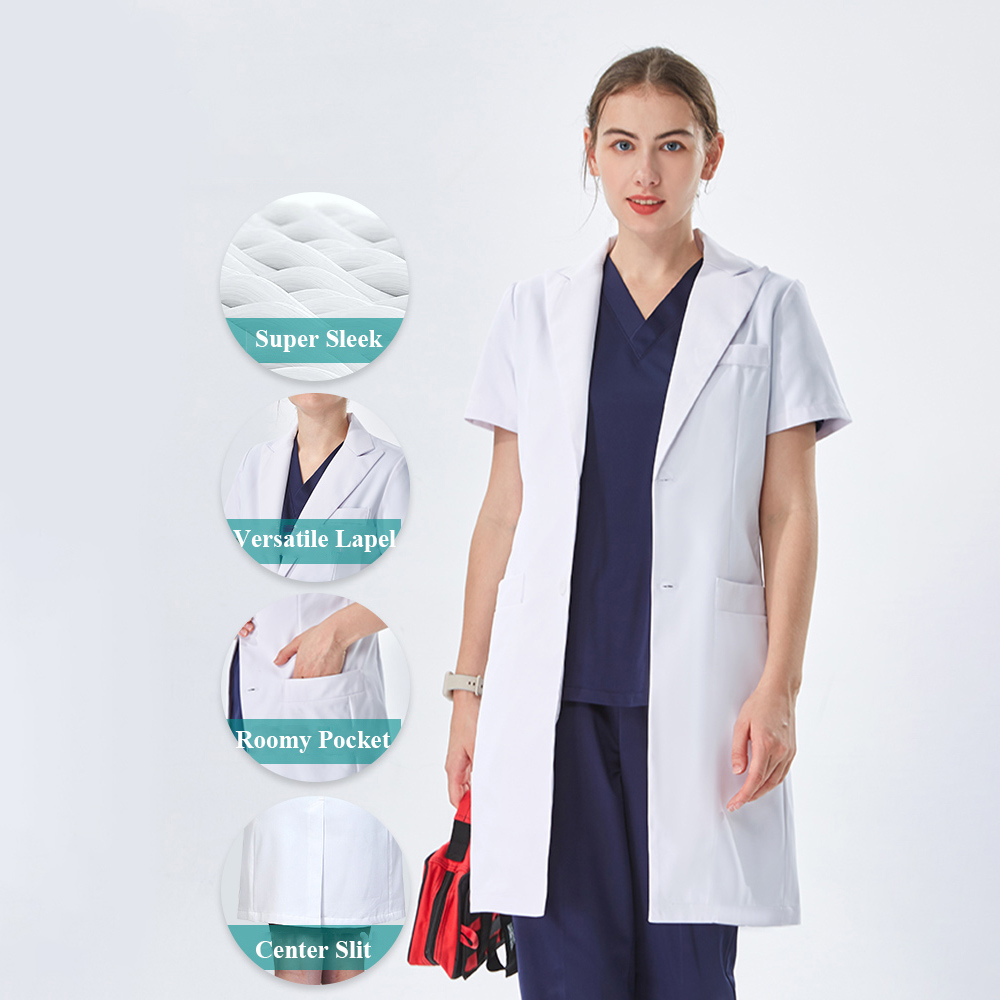丁寧なラペルカラーの白い白衣 医師用 コットンポリエステル  - Medical Lab Coats のレビューと価格